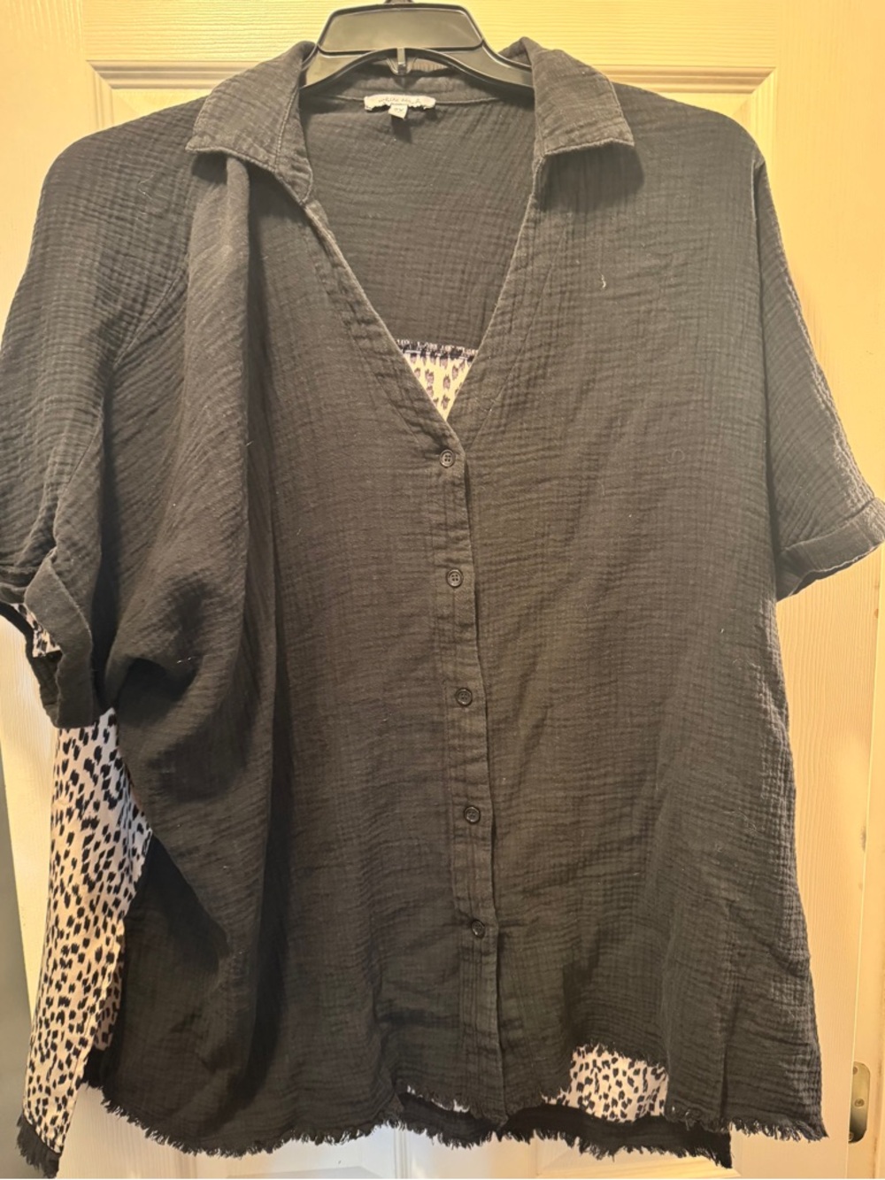 white birch Black Button-Front Short Sleeve Blouse with Leopard Accent